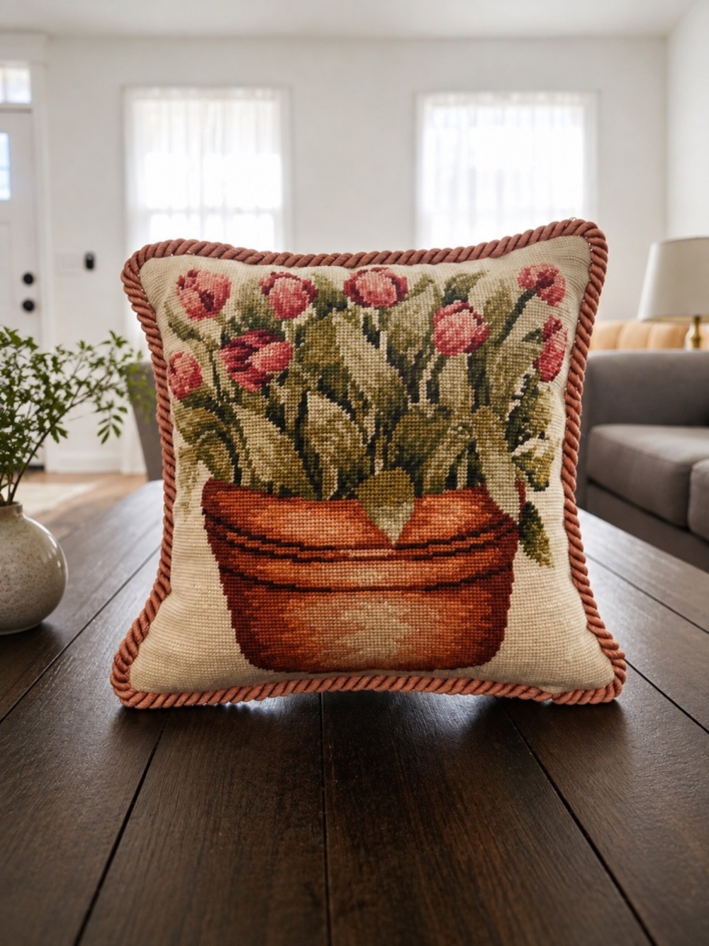 Katha Diddel Needlepoint Floral Pillow – 9” x 9”